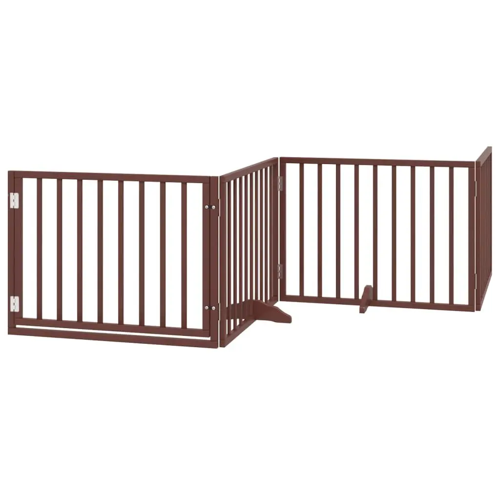 Dog Gate Foldable 4 Panels with Door Brown Poplar Wood Pet Safety Barrier
