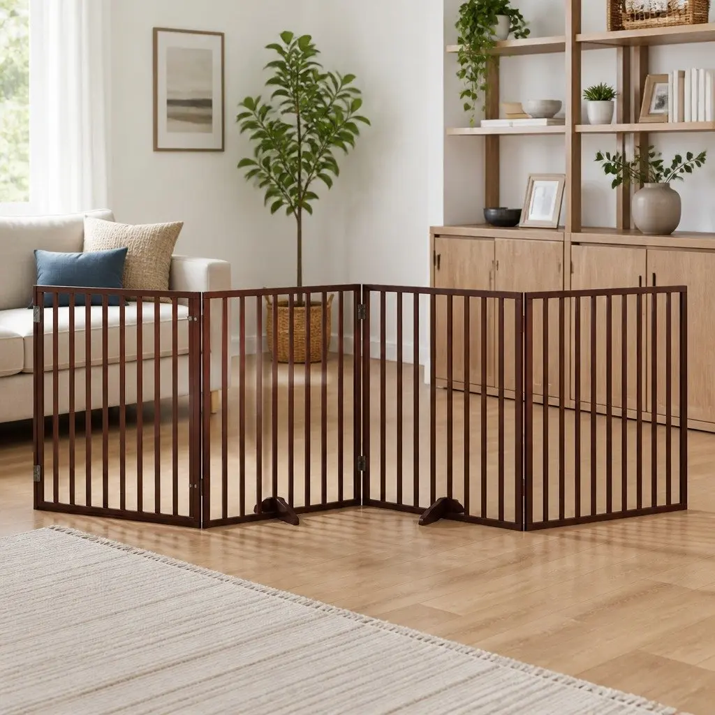 Dog Gate Foldable 4 Panels 320cm Brown Poplar Wood Pet Safety Barrier Door