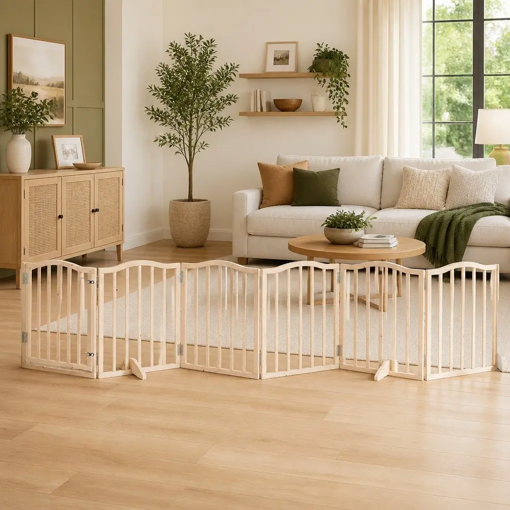 Dog Gate Foldable 6 Panels 300cm Poplar Wood Pet Safety Barrier Brown