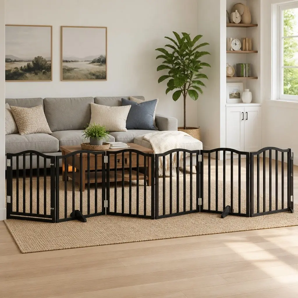 Dog Gate Foldable 6 Panels Black 300cm Poplar Wood Pet Safety Barrier