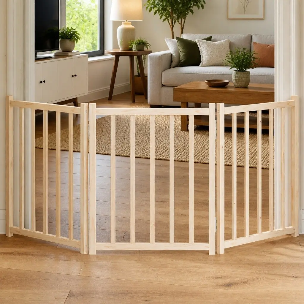 Dog Gate Foldable 3 Panels 150 cm Brown Solid Wood Fir Pet Safety Barrier
