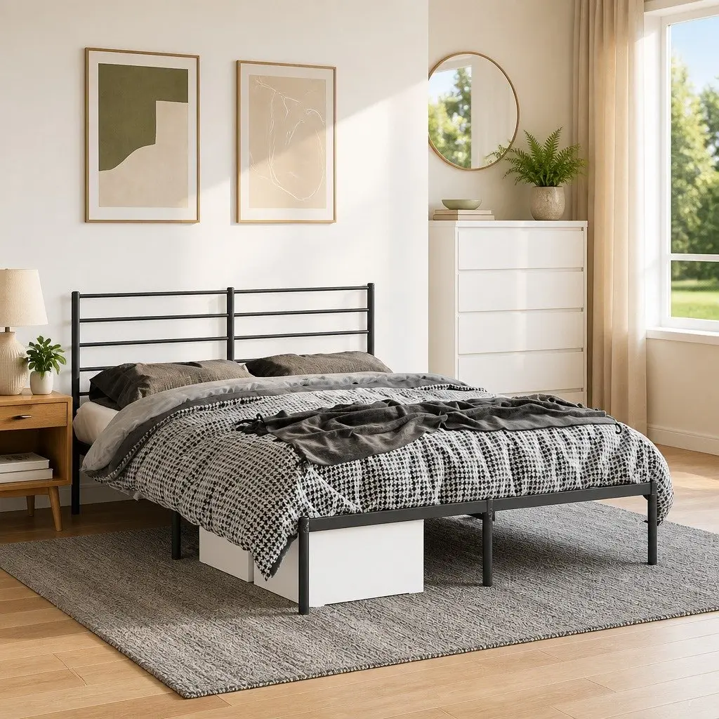 Metal Bed Frame 135x190 cm Bedroom Black with Headboard and Storage Space