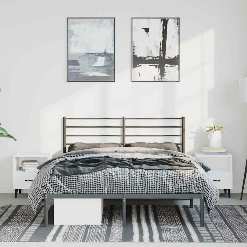Metal Bed Frame 135x190 cm Bedroom Black with Headboard and Storage Space