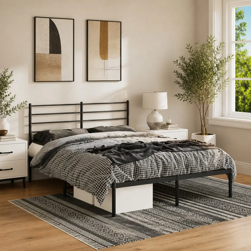 Metal Bed Frame Bedroom Furniture 150x200 cm Black with Headboard Slatted Base