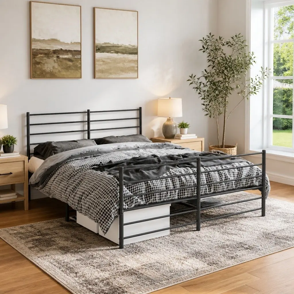 Metal Bed Frame Black 150x200 cm Slatted Base Bedroom Furniture