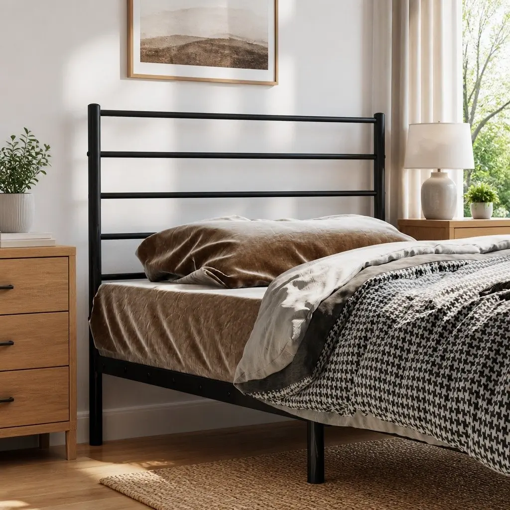 Metal Headboard Black 107cm Bed Frame Support Powder-Coated Steel