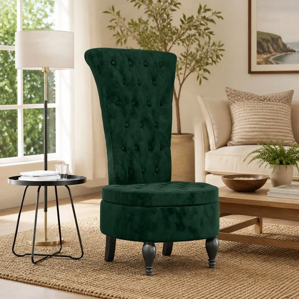 High Back Accent Chair Dark Green Velvet Button Tufted Living Room