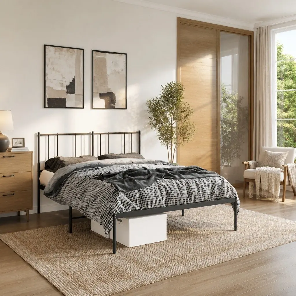 Metal Bed Frame Black 135x190 cm with Headboard Slatted Base