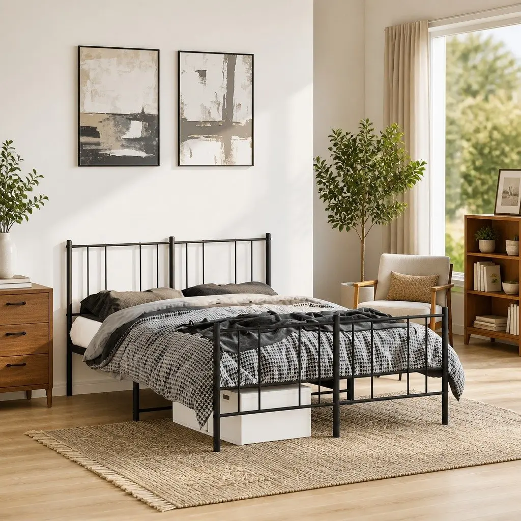 Metal Bed Frame 135x190 cm Footboard Slatted Base Black