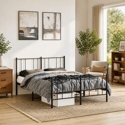 Metal Bed Frame 135x190 cm with Footboard Slatted Base Black Bedroom Furniture