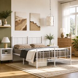 Practical White Metal Bed Frame with Storage Solutions