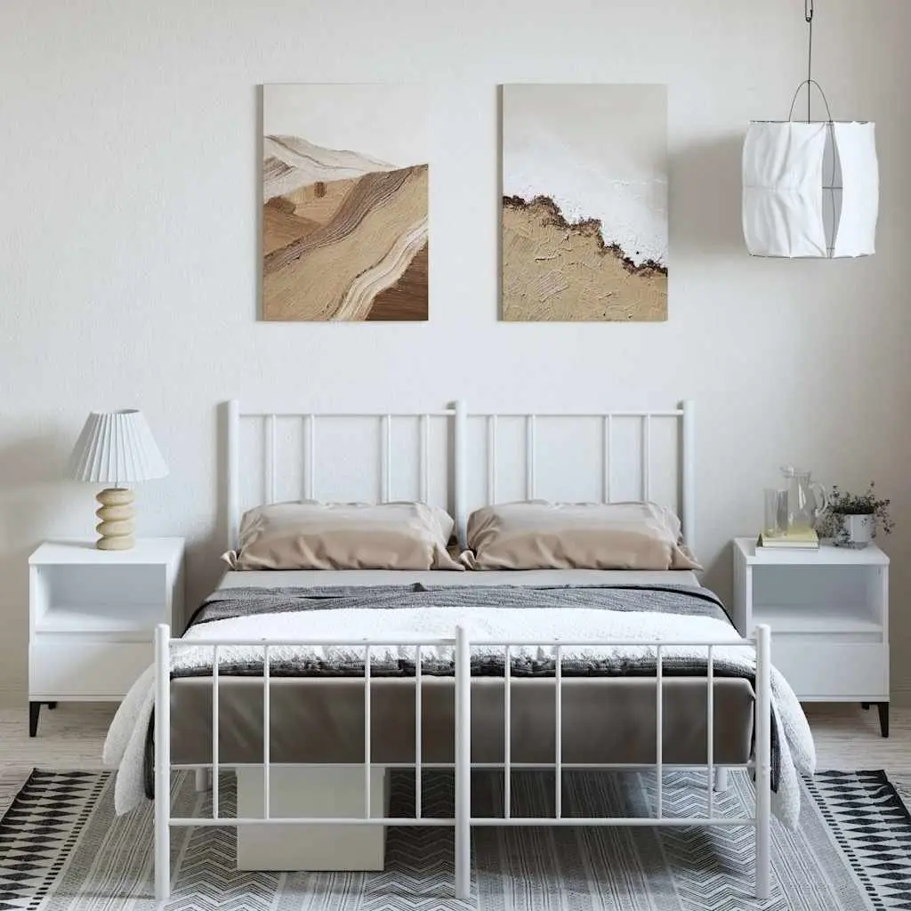 Metal Bed Frame White Slatted Base 135x190cm Bedroom Furniture