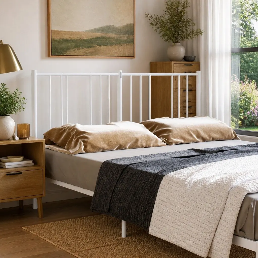 Metal Headboard White 135cm Bedroom Bed Frame Sturdy Support