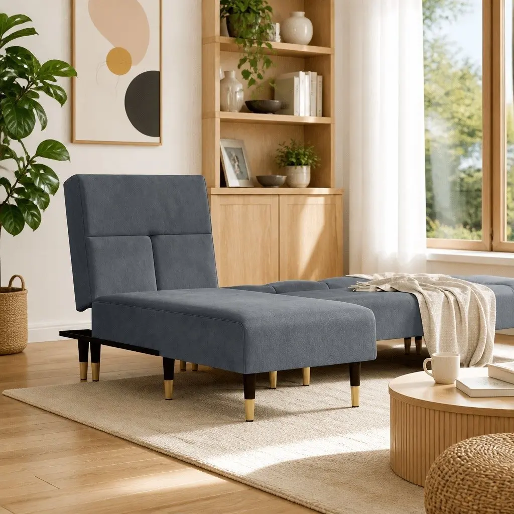 Chaise Longue Reclining Lounge Chair Grey Velvet 3-Position Convertible Sleeper