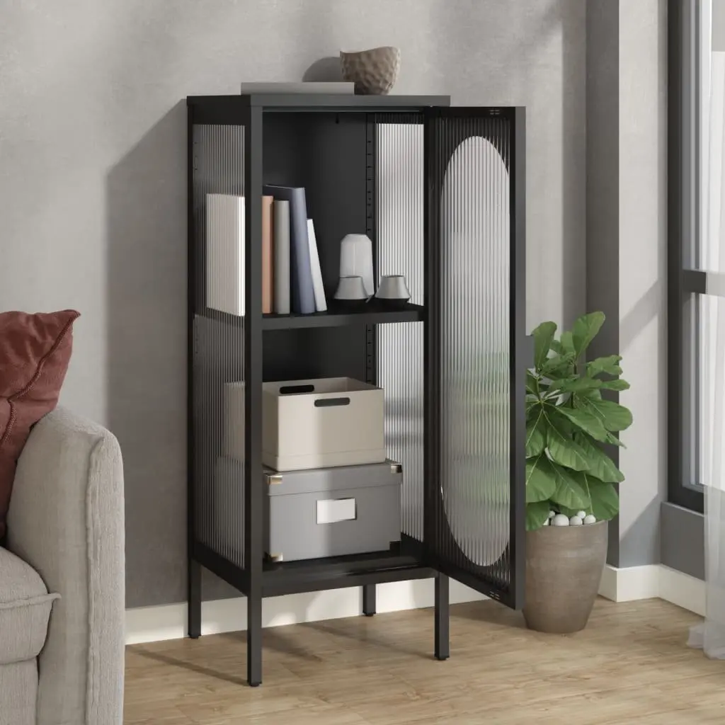 Sideboard Storage Cabinet Modern Black Fluted Glass Steel 40W x 35D x 105H cm