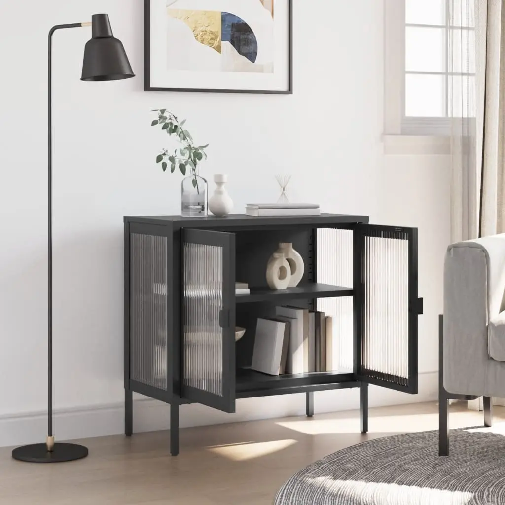 Sideboard Black Glass Steel Cabinet Storage Cupboard Furniture Fluted 70x35x70cm