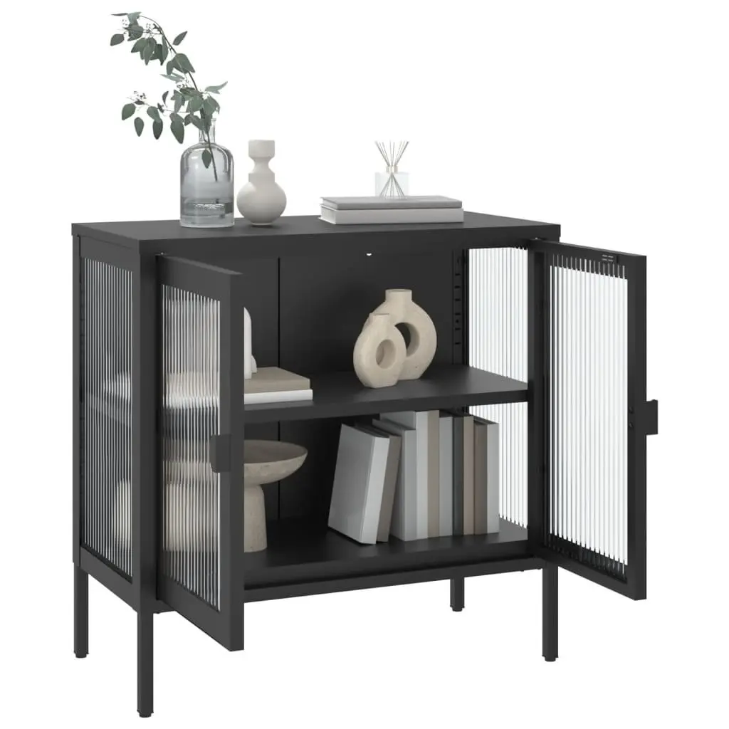 Sideboard Black Glass Steel Cabinet Storage Cupboard Furniture Fluted 70x35x70cm