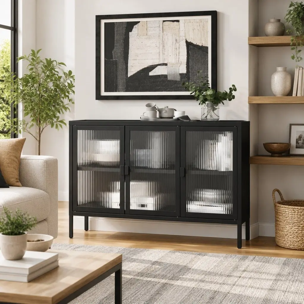 Sideboard Cabinet Storage 105x35x70 cm Black Fluted Glass Steel