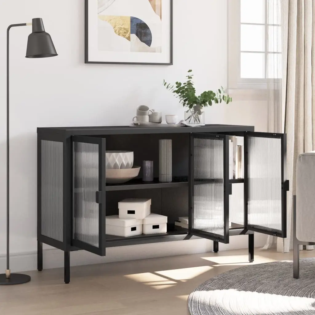 Sideboard Cabinet Storage 105x35x70 cm Black Fluted Glass Steel