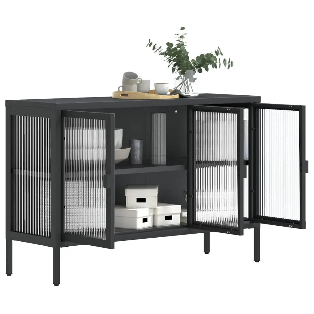 Sideboard Cabinet Storage 105x35x70 cm Black Fluted Glass Steel