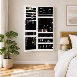 Wall Mounted Mirror Jewellery Cabinet White Storage Organiser with Lock Door