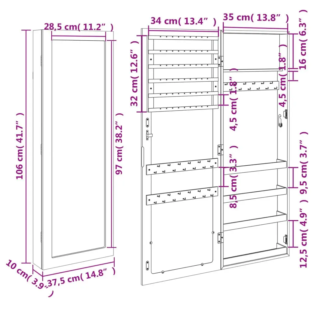 Wall Mounted Jewellery Cabinet Storage Organiser Full Length Mirror White