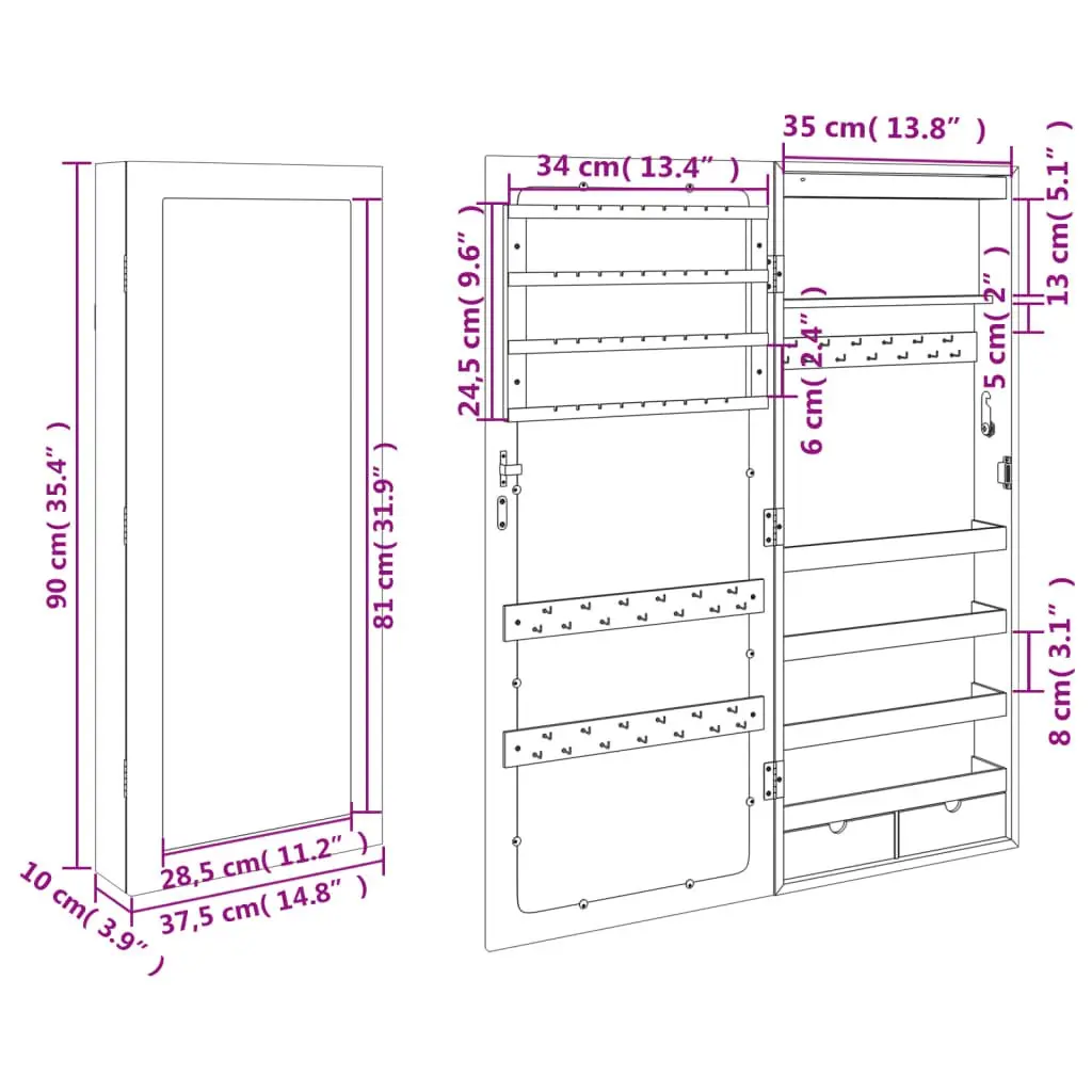Mirror Jewellery Cabinet Wall Mounted LED Lights Organiser White