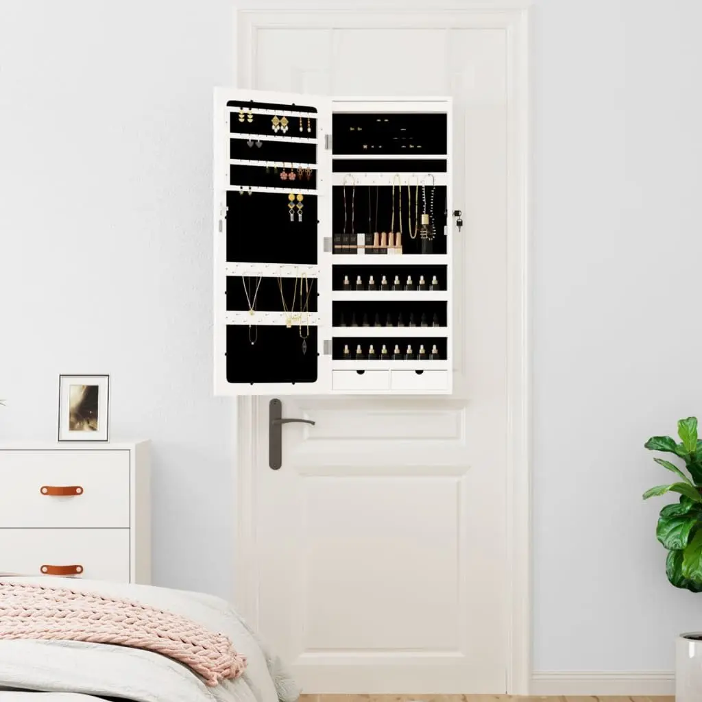 Mirror Jewellery Cabinet Wall Mounted LED Lights Organiser White