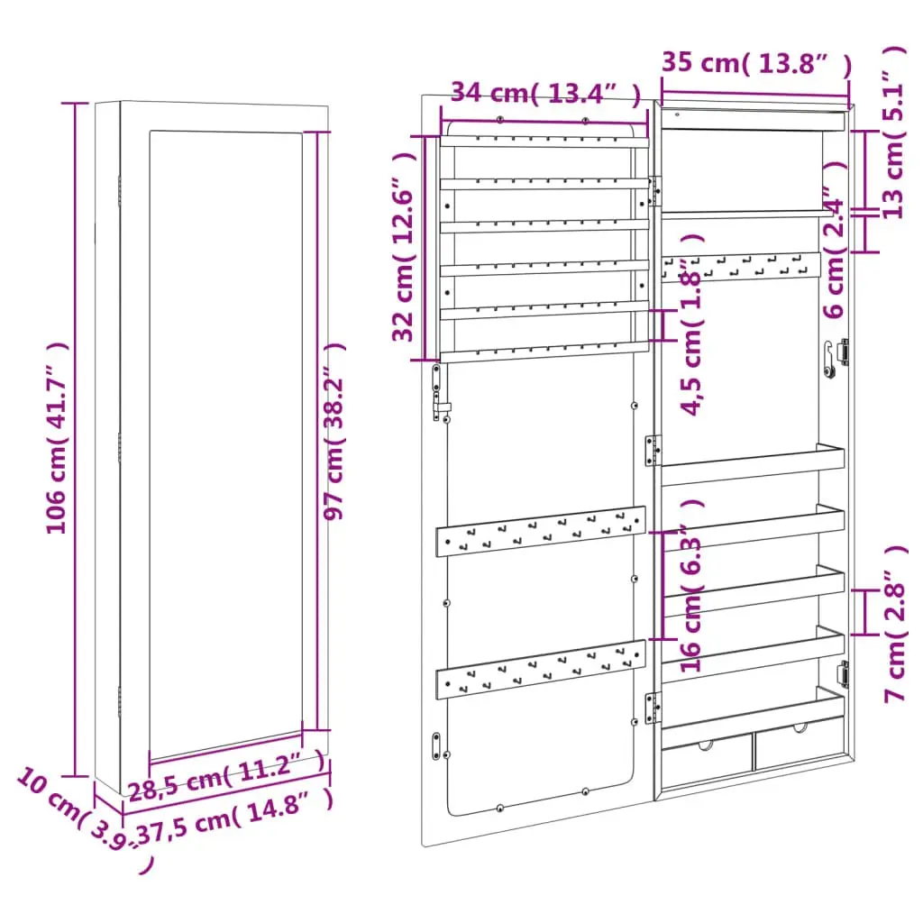 Wall Mounted Mirror Jewellery Cabinet with LED Lights Storage Organiser White