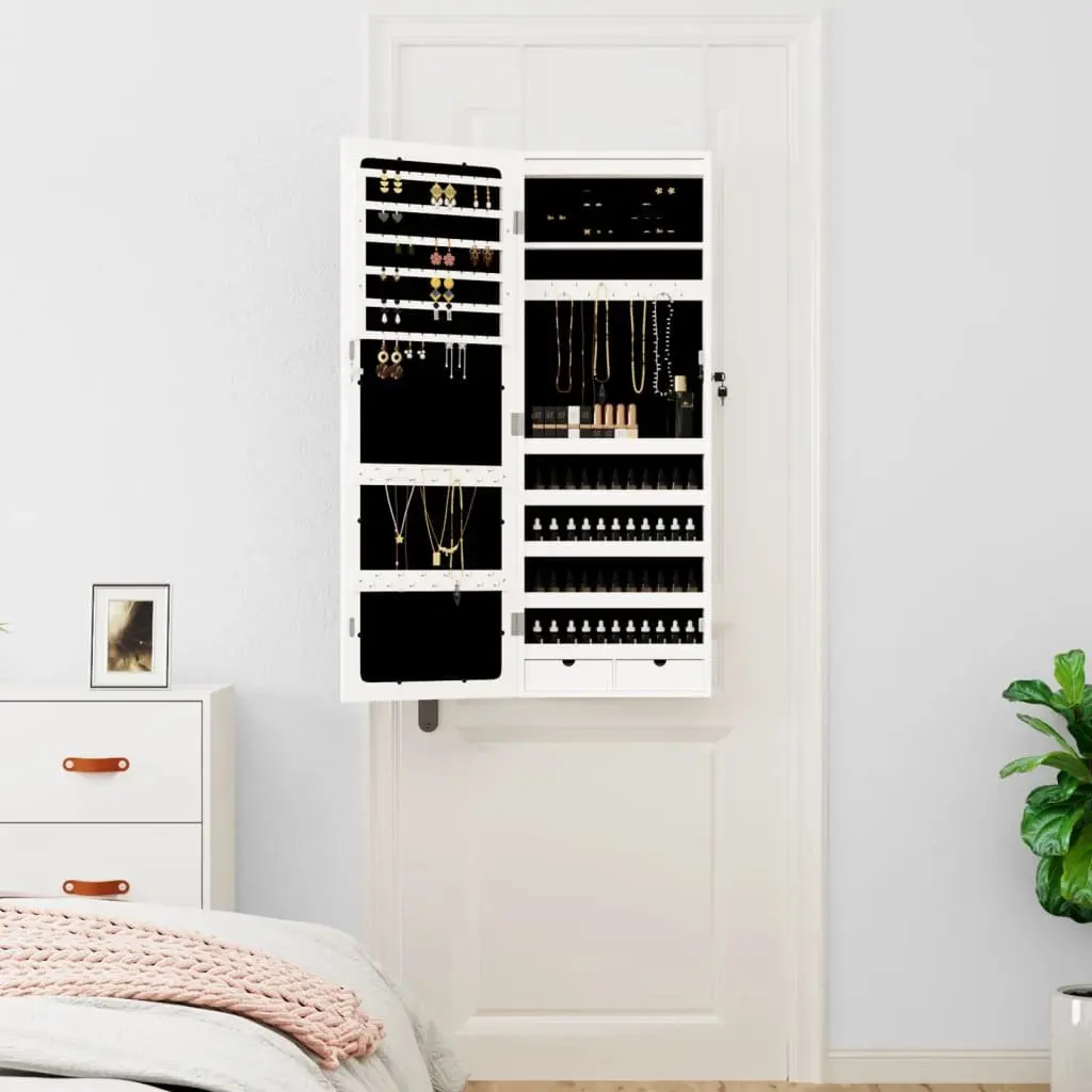 Wall Mounted Mirror Jewellery Cabinet with LED Lights Storage Organiser White