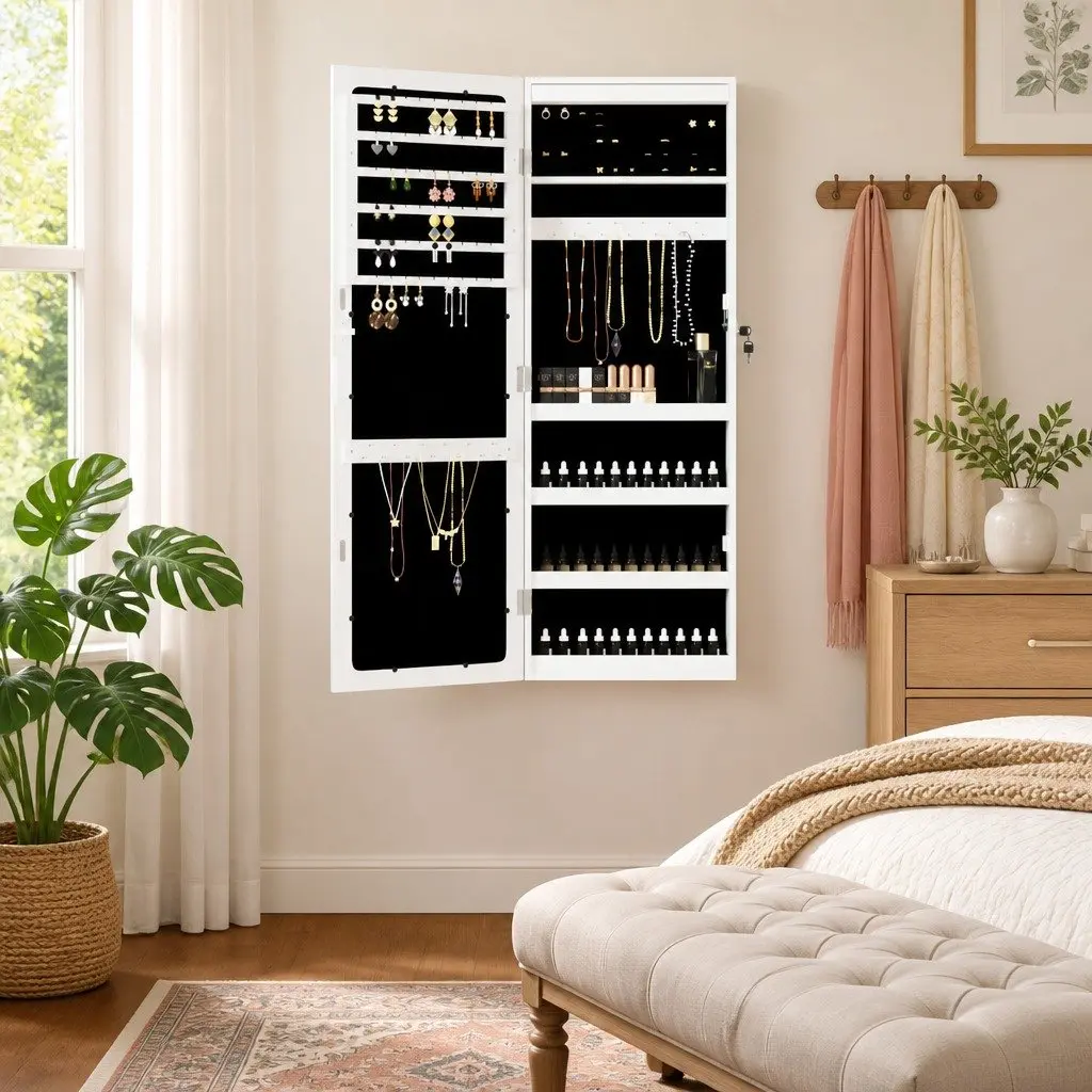 Jewellery Storage Cabinet with Full-length Mirror LED Lights White Wall Mounted