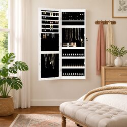 Wall Mounted Mirror Jewellery Cabinet with LED Lights White Storage Organizer