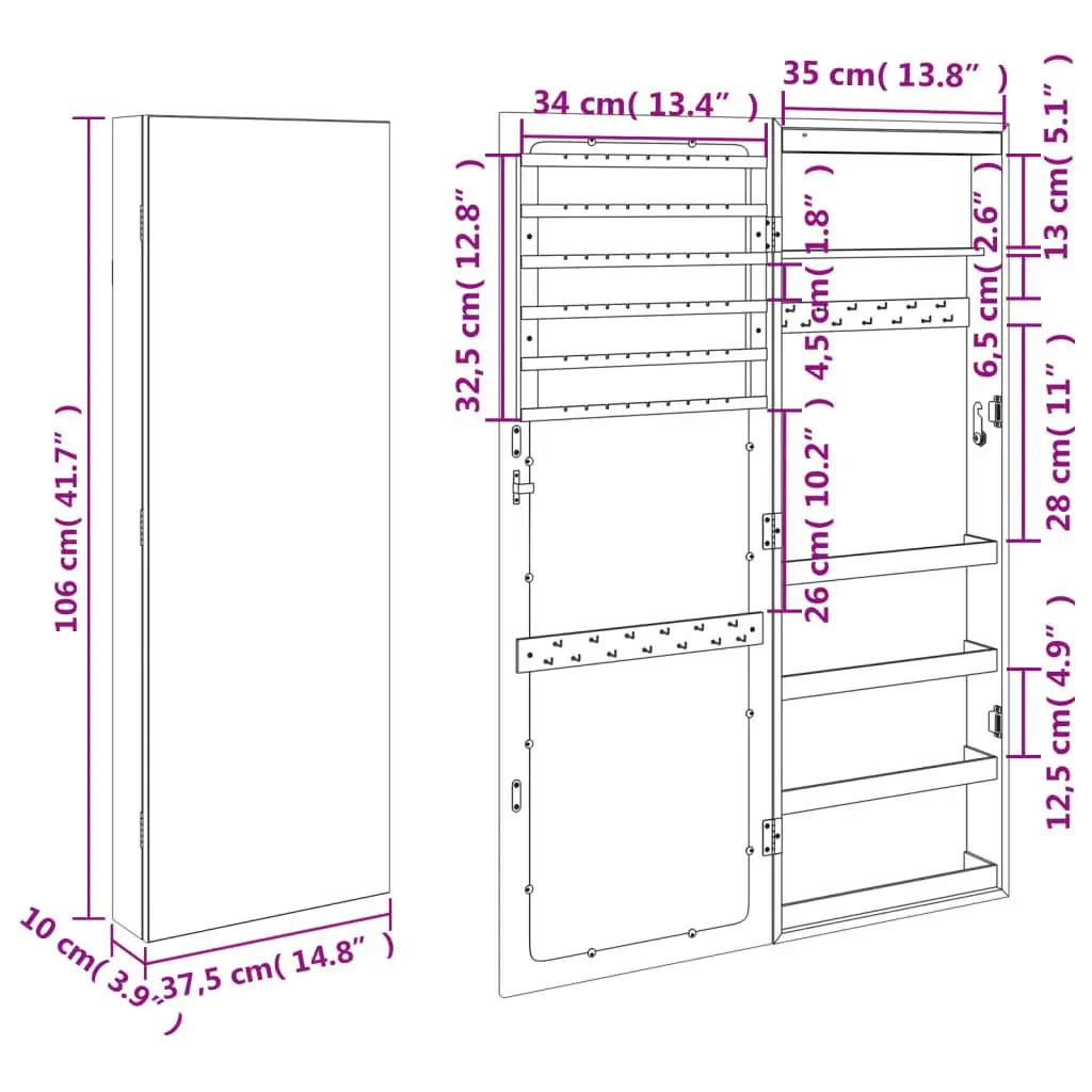 Jewellery Storage Cabinet with Full-length Mirror LED Lights White Wall Mounted