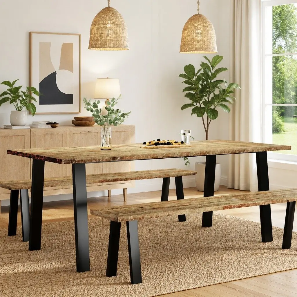 Dining Table Solid Wood Acacia Kitchen 200x90x75 cm Brown Industrial Legs