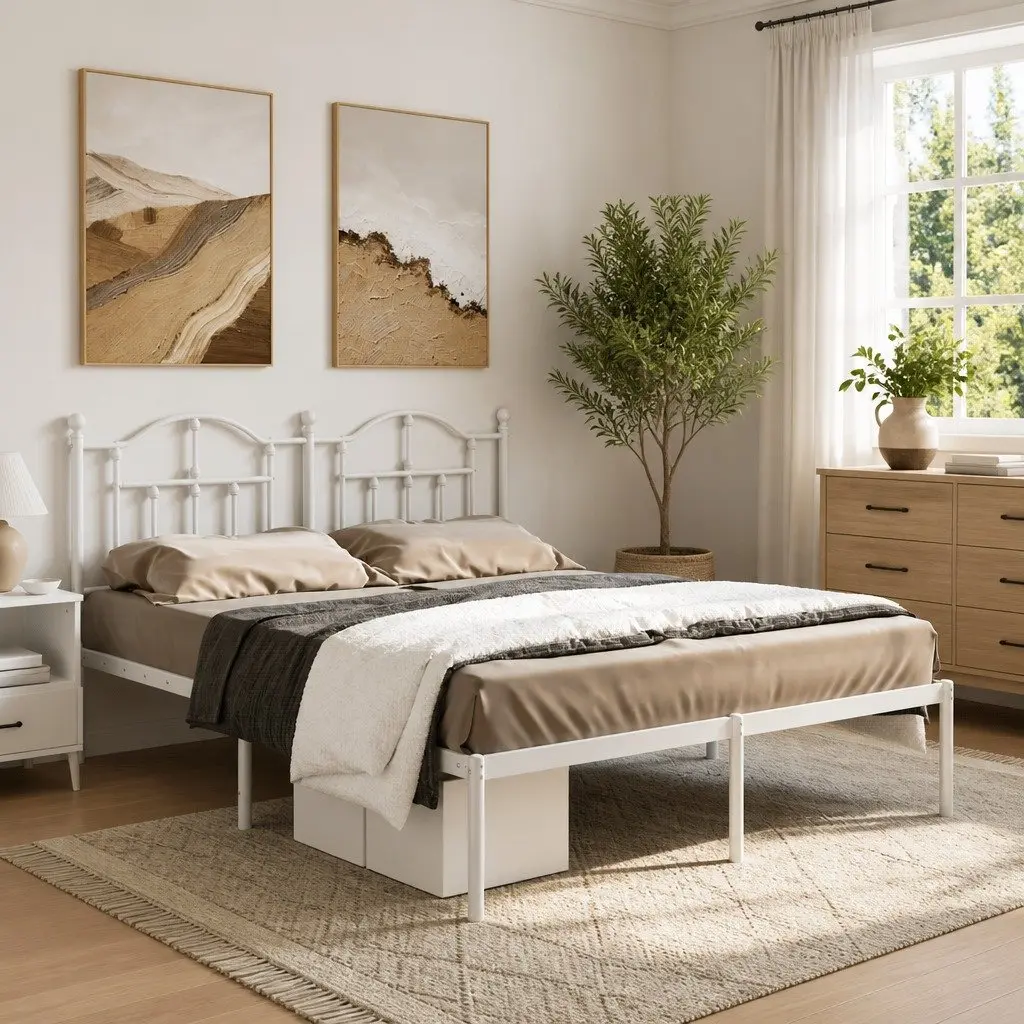 Metal Bed Frame 135x190 cm Slatted Base White