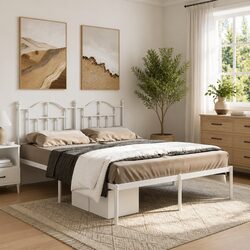 Metal Bed Frame 135x190 cm with Headboard White Bedroom Furniture Slatted Base