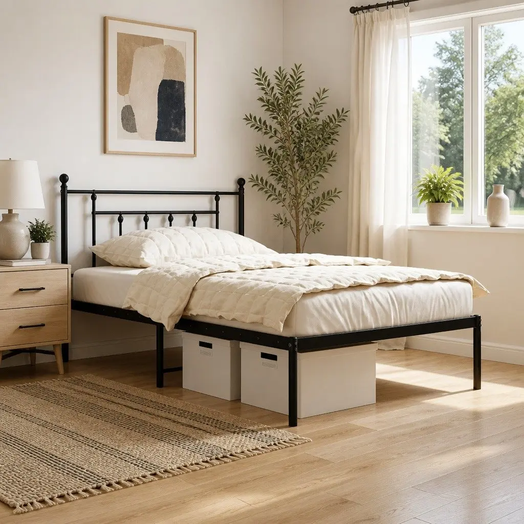 King Single Metal Bed Frame Black Steel Slats with Headboard 107x203cm