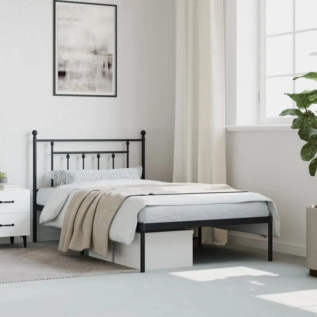 King Single Metal Bed Frame Black Steel Slats with Headboard 107x203cm