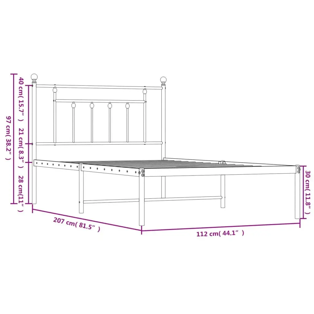 King Single Metal Bed Frame Black Steel Slats with Headboard 107x203cm