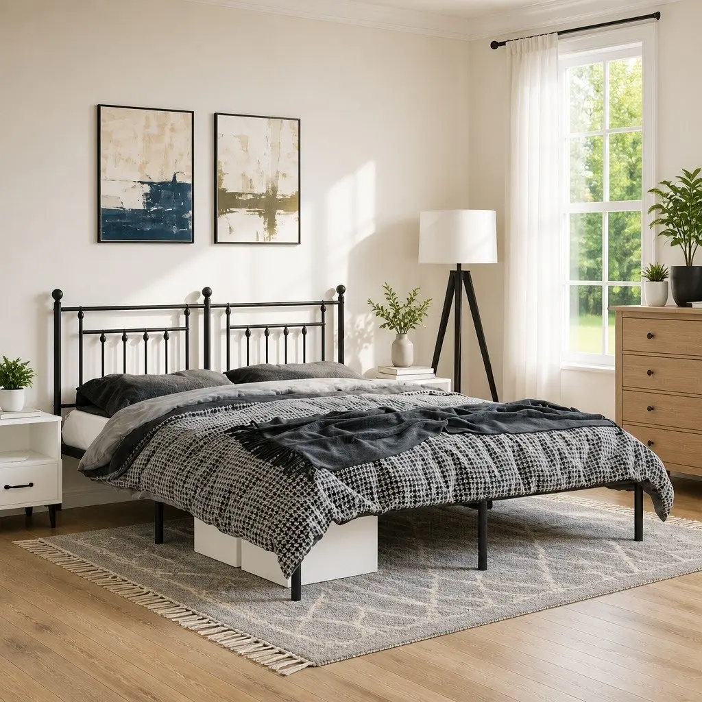 Metal Bed Frame Black 135x190 cm with Headboard Slatted Base