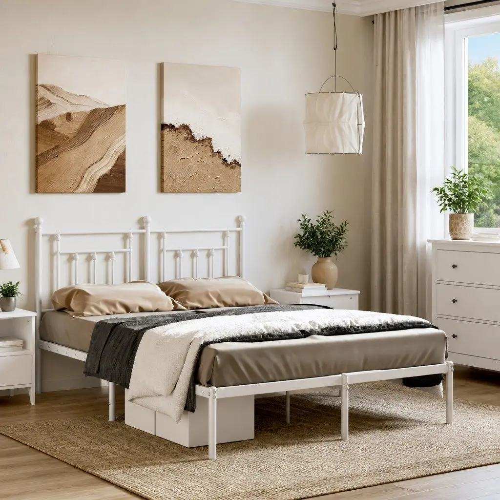 Metal Bed Frame White 150x200 cm Bedroom Furniture with Headboard Slatted Base