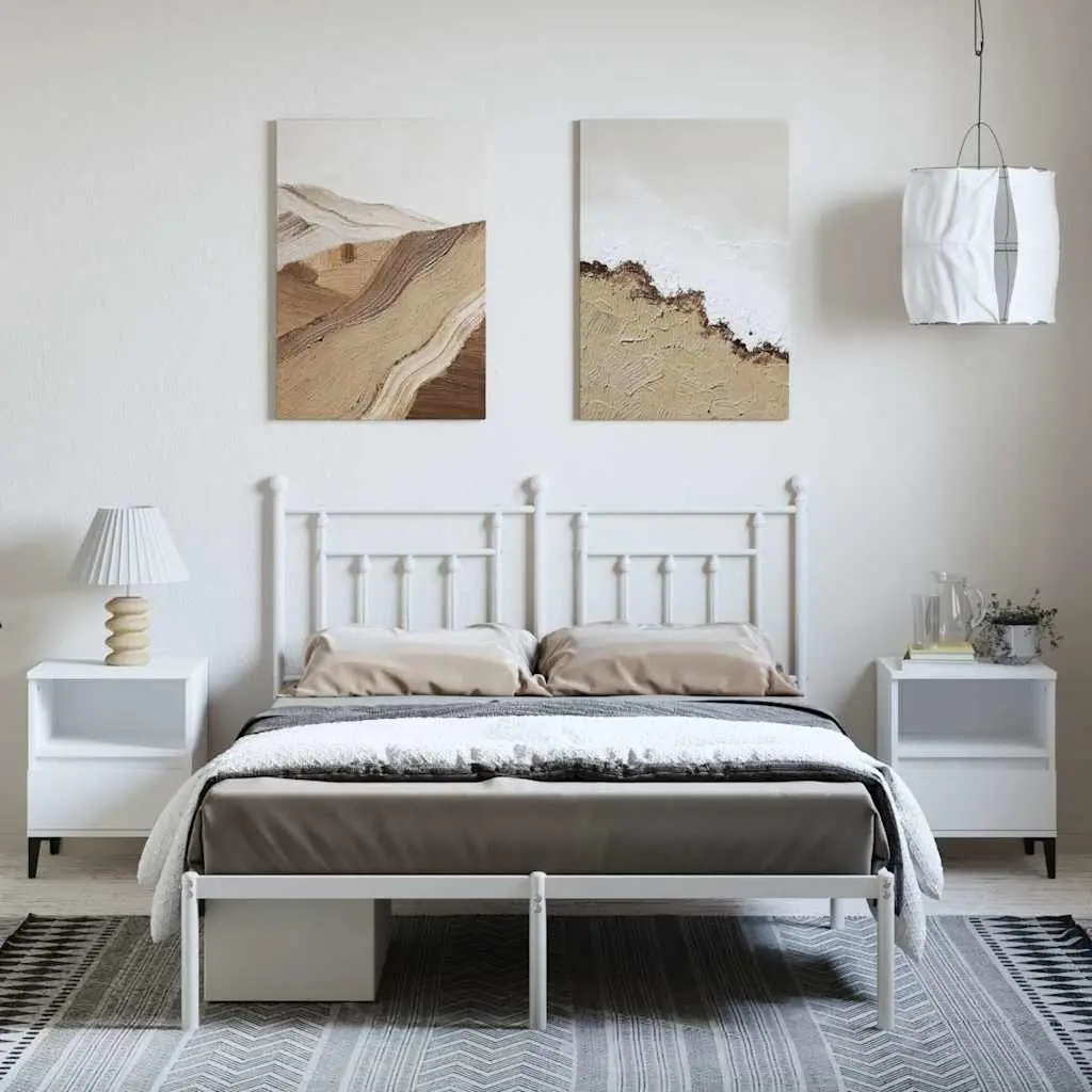Metal Bed Frame White 150x200 cm Bedroom Furniture with Headboard Slatted Base