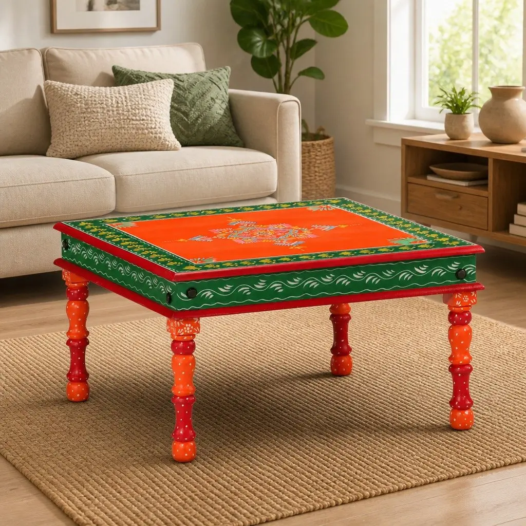Coffee Table Hand Painted Solid Wood Mango Living Room Orange