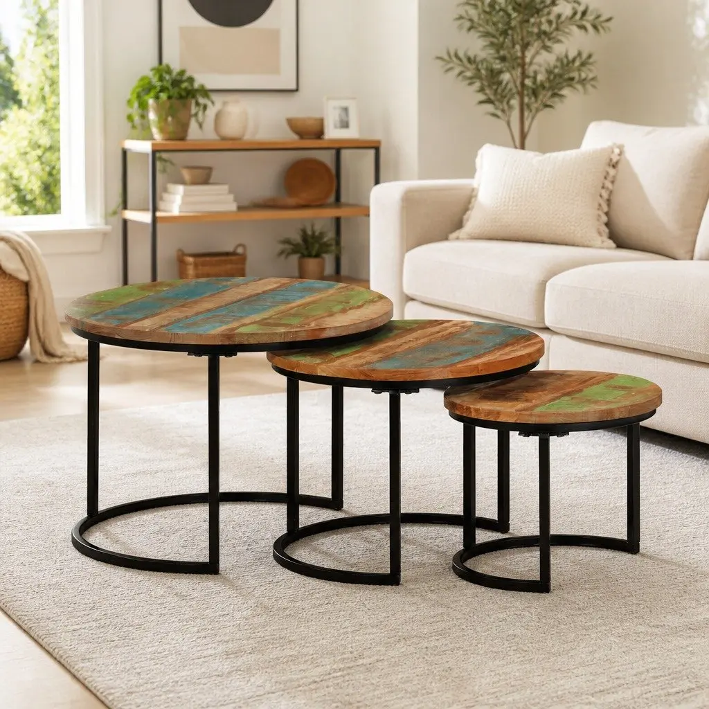Nesting Tables 3 Piece Set Solid Reclaimed Wood Coffee Side Table Multicolour