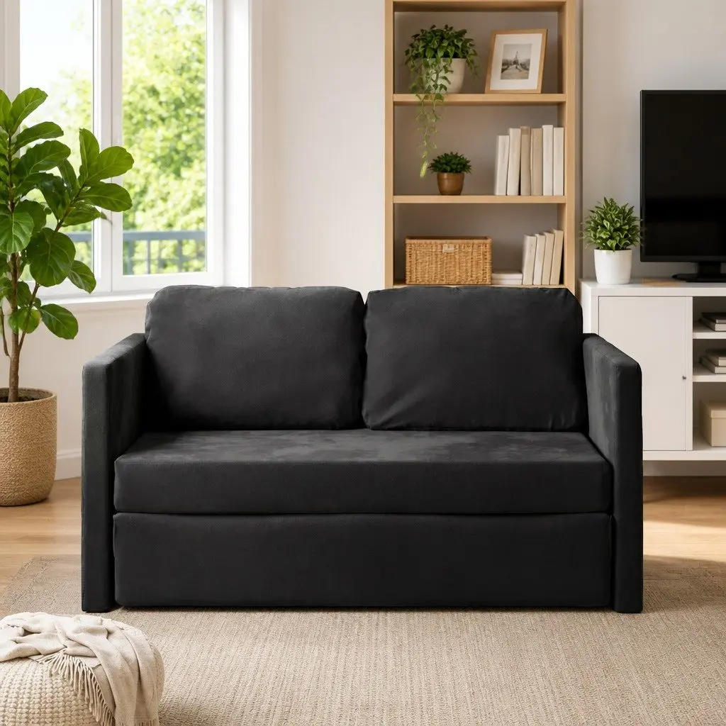 Floor Sofa Bed 2-in-1 Convertible Loveseat Double Bed Black Velvet