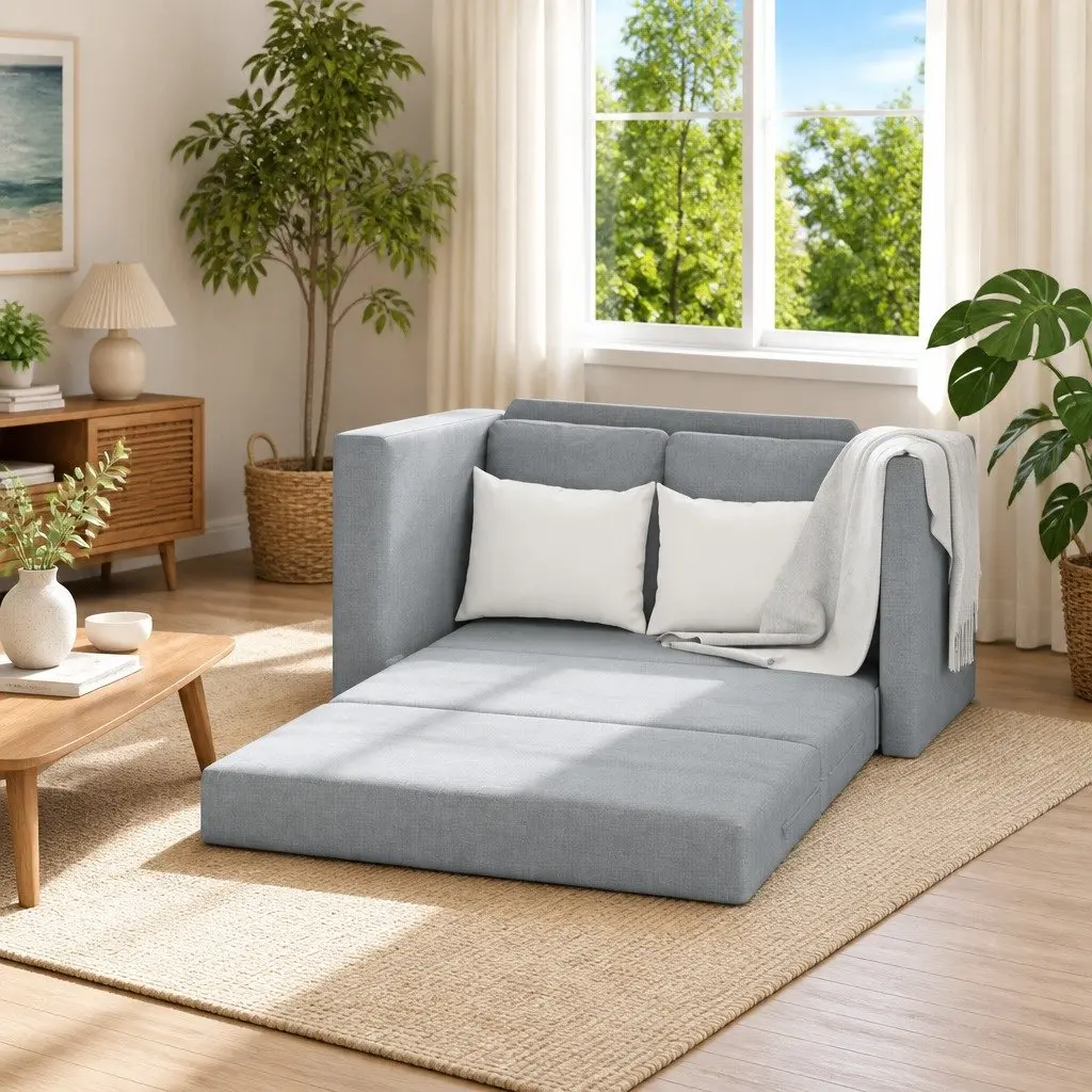 Floor Sofa Bed 2-in-1 Convertible Loveseat Double Bed Grey Fabric Folding