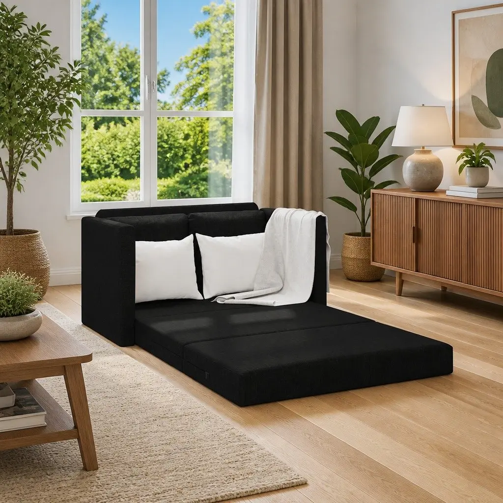 Floor Sofa Bed Convertible Sleeper Loveseat 112L x 174W x 55H cm Black Fabric