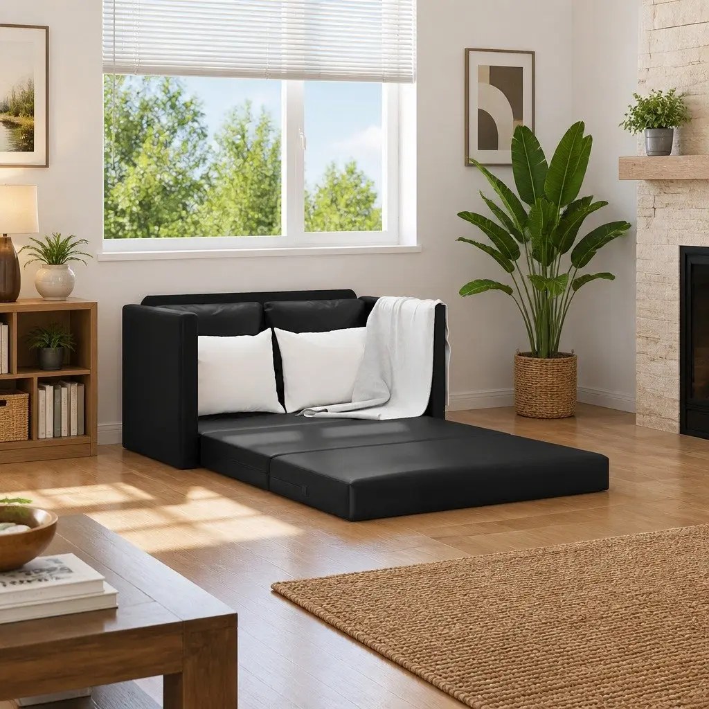 Floor Sofa Bed 2-in-1 Convertible Loveseat Double Bed Black