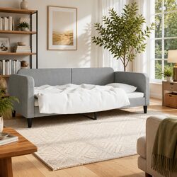 Day Bed Sofa Bed 90x190 cm Grey Fabric Upholstered Modern Guest Sleeping Lounger