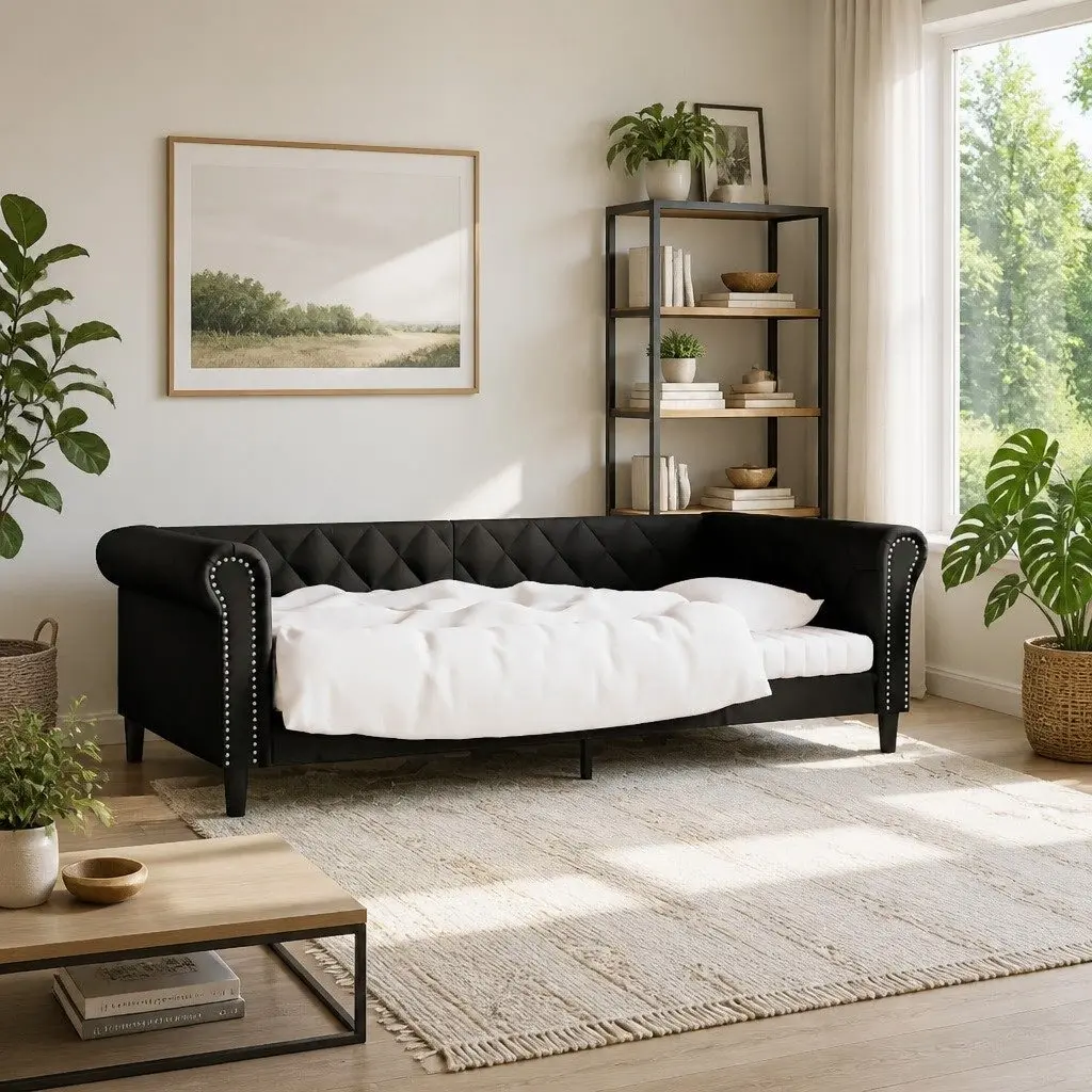 Black Faux Leather Day Bed Sofa for Comfort